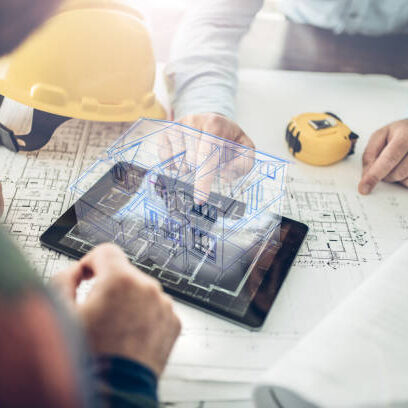Architect and his client looking at the hologram of a house project over a tablet computer. The client is reviewing his future house layout
Note to inspector: I am the author of the building project